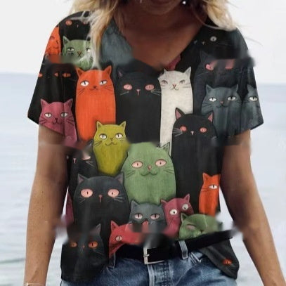 Women's Summer Cat Print Casual Short Sleeve T-Shirt