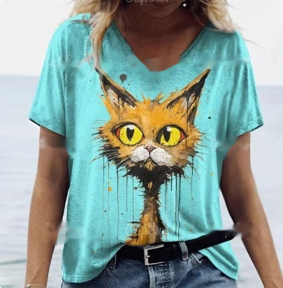 Women's Summer Cat Print Casual Short Sleeve T-Shirt