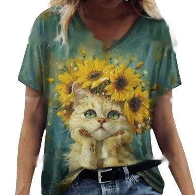 Women's Summer Cat Print Casual Short Sleeve T-Shirt