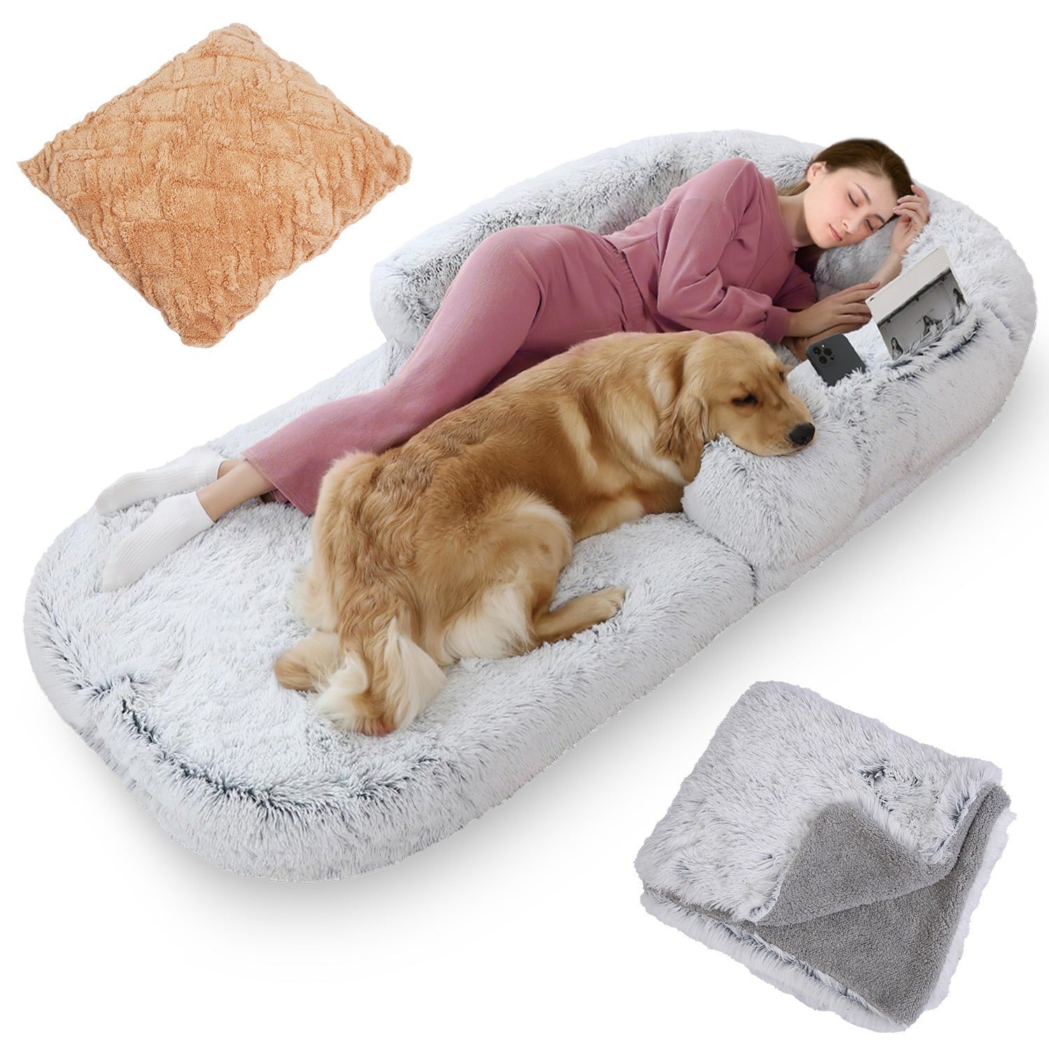 1Pc Large Foldable Human Size Dog Bed With Pillow Blanket Flurry Plush Napping Human-Sized Dog Bed