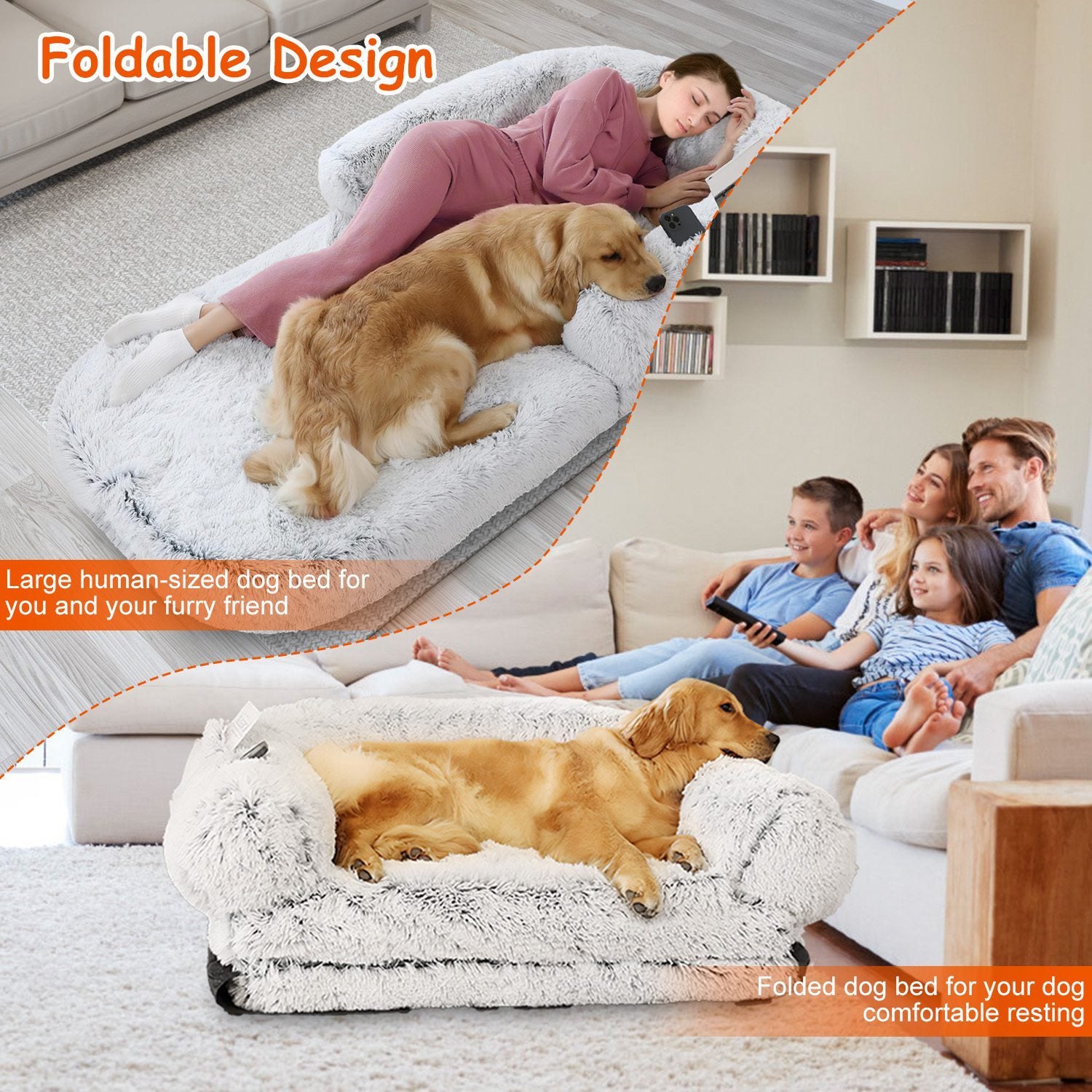 1Pc Large Foldable Human Size Dog Bed With Pillow Blanket Flurry Plush Napping Human-Sized Dog Bed