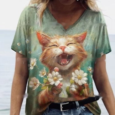 Women's Summer Cat Print Casual Short Sleeve T-Shirt