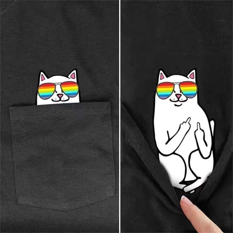 Cat Pocket Simple Printed Short Sleeve