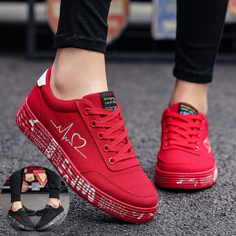 Love Print Canvas Shoes Women Men Flats Lace-up