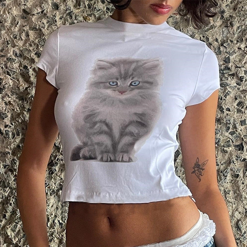 Fashion Round Neck Cat Printing Short T-shirt-Woman