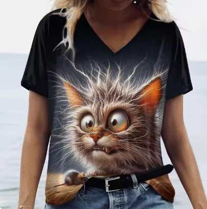 Women's Summer Cat Print Casual Short Sleeve T-Shirt