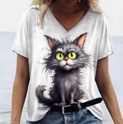 Women's Summer Cat Print Casual Short Sleeve T-Shirt