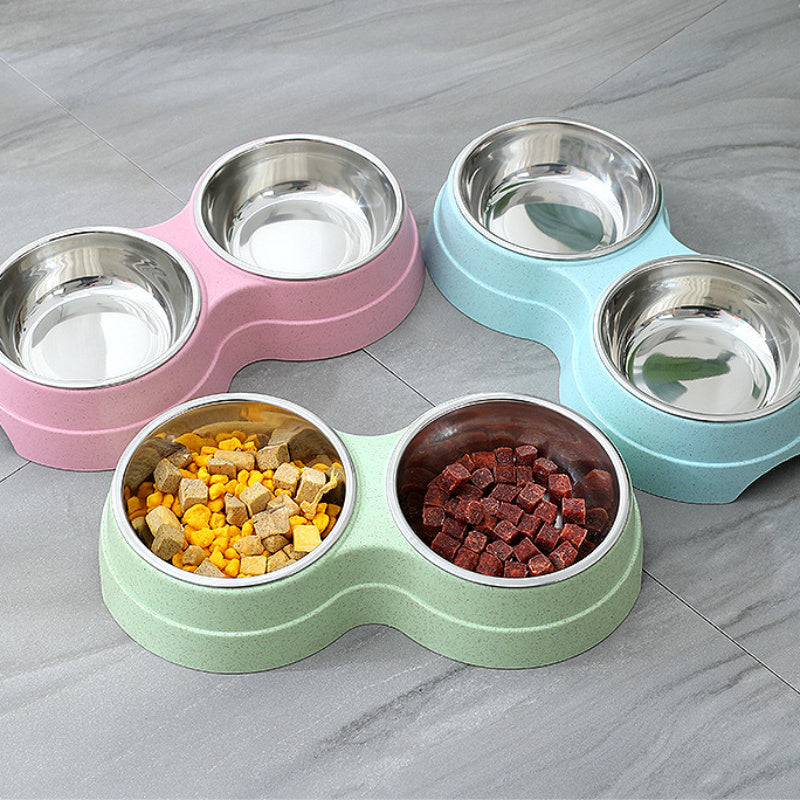 Double Pet Bowls Stainless Steel Pet Drinking Dish Feeder Cat Puppy Small Dog