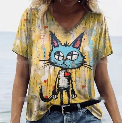 Women's Summer Cat Print Casual Short Sleeve T-Shirt