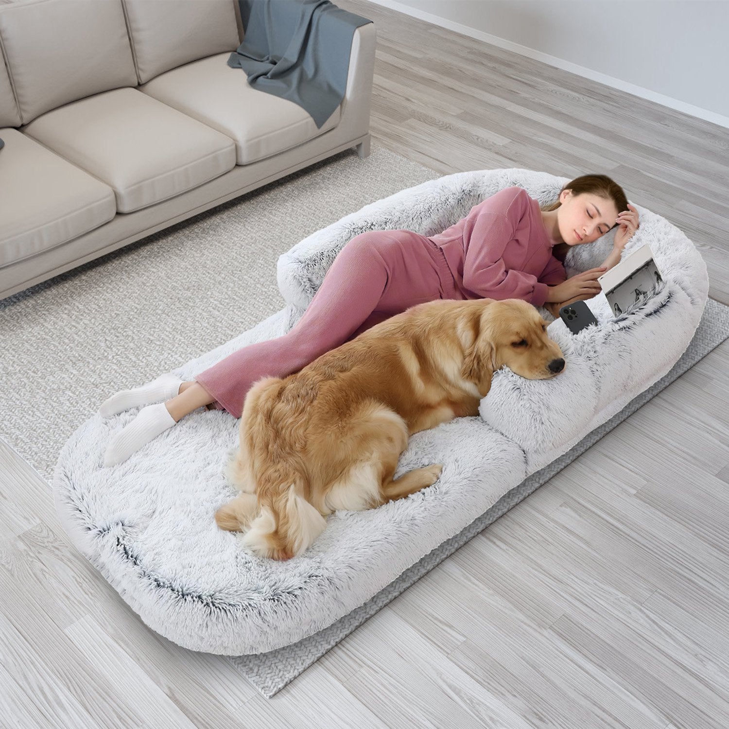 1Pc Large Foldable Human Size Dog Bed With Pillow Blanket Flurry Plush Napping Human-Sized Dog Bed