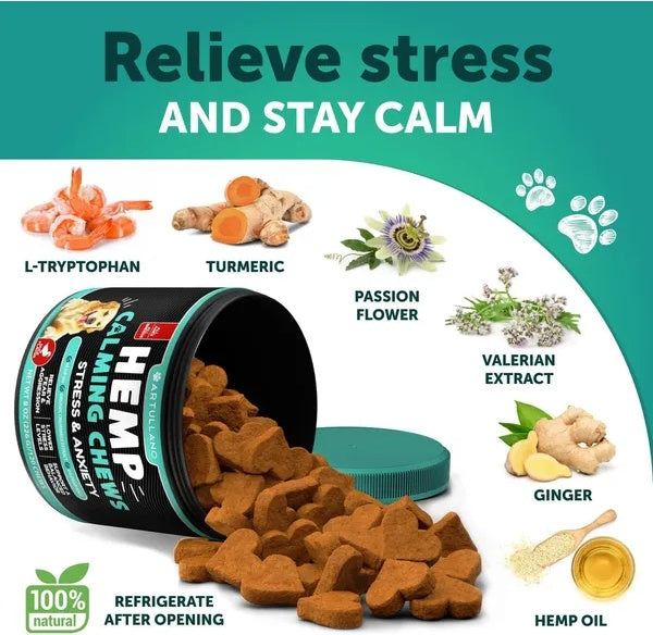 Hemp Calming Chews For Dogs Dog Anxiety Relief Treats With Hemp Oil Turmeric Valerian Ginger