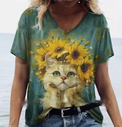 Women's Summer Cat Print Casual Short Sleeve T-Shirt