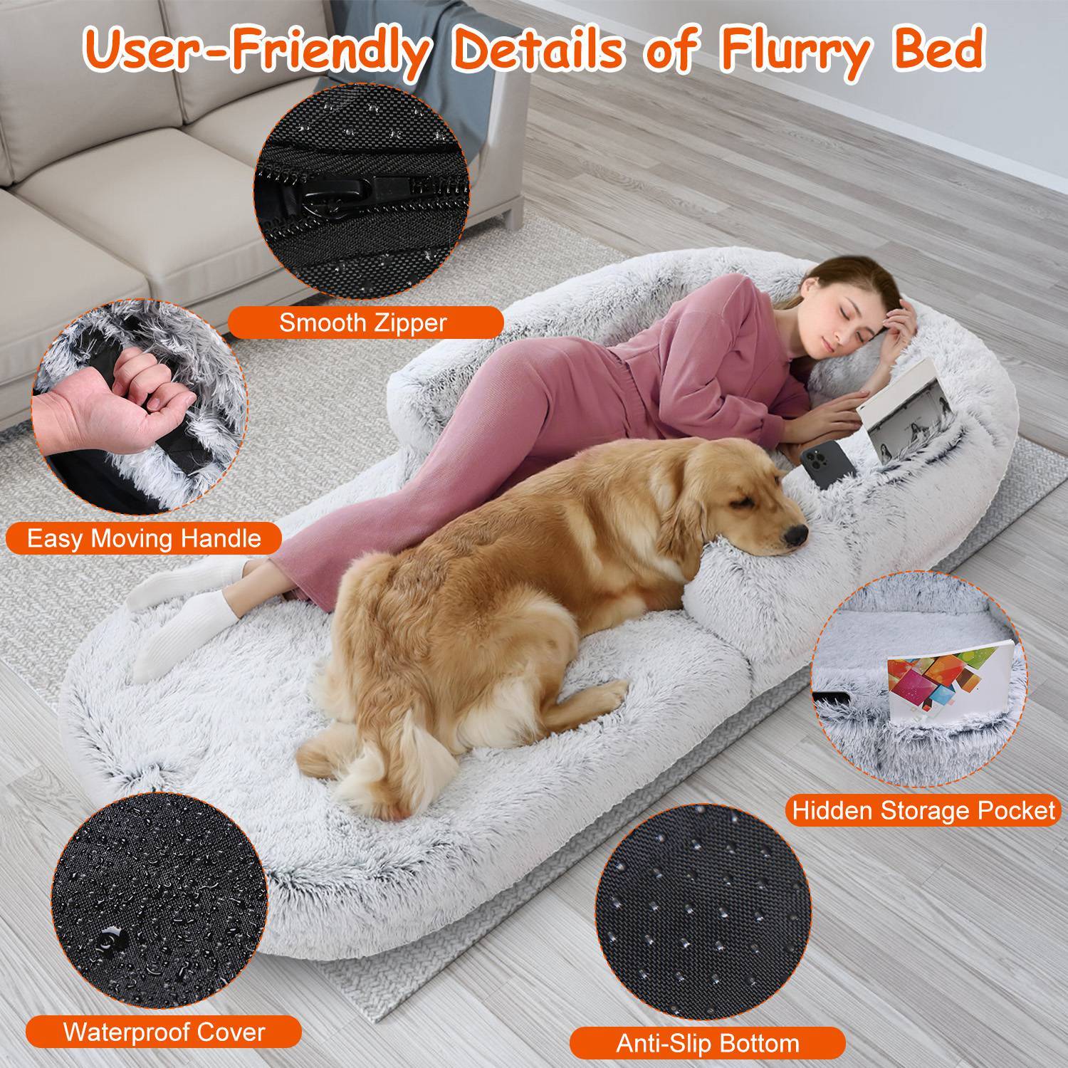 1Pc Large Foldable Human Size Dog Bed With Pillow Blanket Flurry Plush Napping Human-Sized Dog Bed