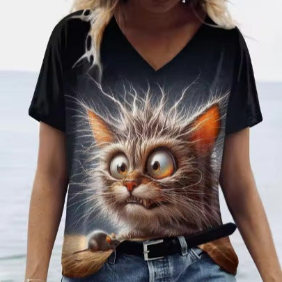 Women's Summer Cat Print Casual Short Sleeve T-Shirt