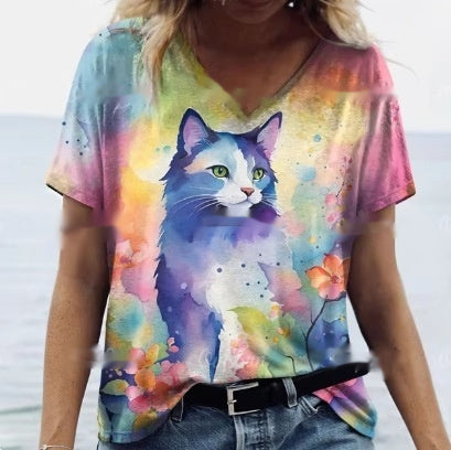 Women's Summer Cat Print Casual Short Sleeve T-Shirt