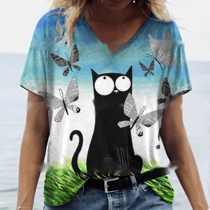 Women's Summer Cat Print Casual Short Sleeve T-Shirt