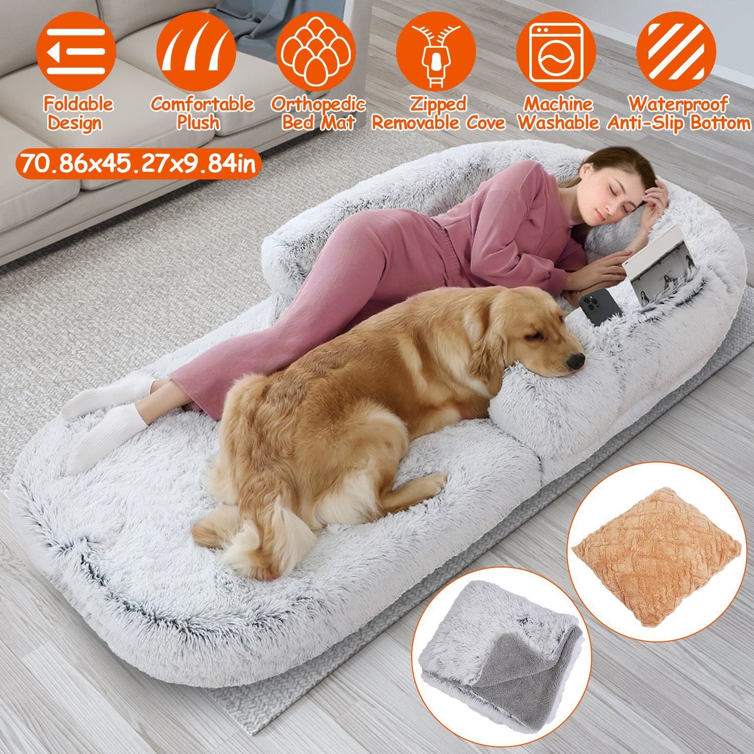 1Pc Large Foldable Human Size Dog Bed With Pillow Blanket Flurry Plush Napping Human-Sized Dog Bed