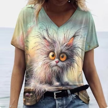 Women's Summer Cat Print Casual Short Sleeve T-Shirt