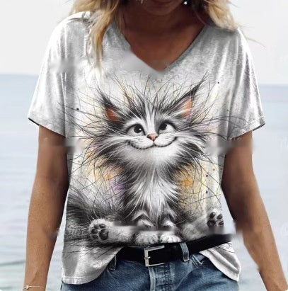 Women's Summer Cat Print Casual Short Sleeve T-Shirt